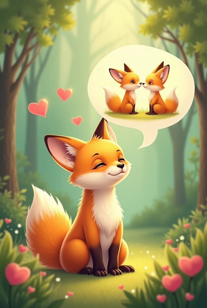 A yellow female fox who longs for love,Stand up,Speech bubble above head,A scene of love between a man and a woman appears in the bubbles,Cute realistic style格,Surrounded by love,Background forest garden,Cute realistic style