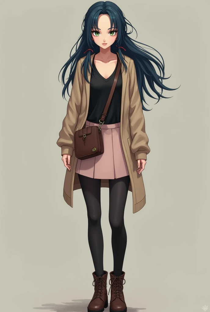 Tall teen with long navy blue hair tied in two low pigtails, green eyes, Pale skin, with a black long-sleeved v-neck t-shirt, pale pink skirt, black stockings, brown boots, a light brown cardigan sweater, brown crossbody bag, Realistic style 