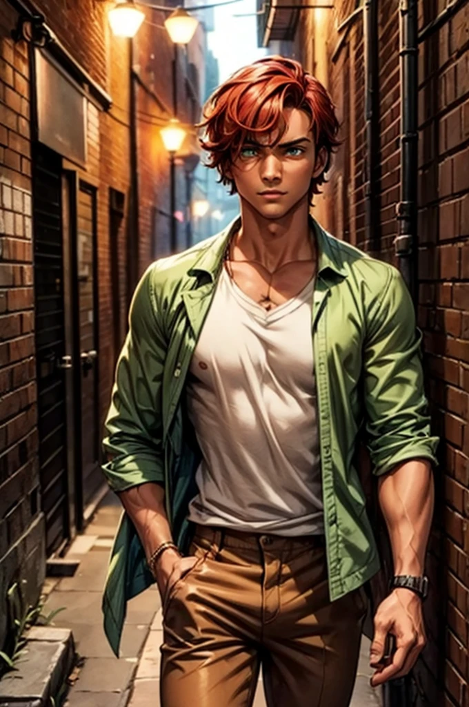 A clever man with tanned skin and short tousled red hair stands casually in a dimly lit urban alleyway. He has bright green eyes that shine with intelligence. He wears a light green shirt with a subtle floral pattern and brown pants. The background features worn brick walls with graffiti, under soft, yellowish street lighting. The atmosphere is moody yet charming.