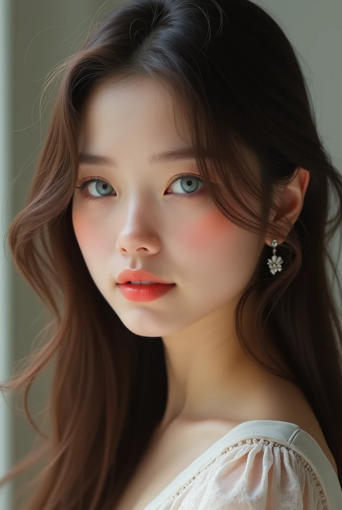 Solo, High Resolution, Long Hair, Breasts, Earrings, Blue eyes, Blush, Parted Lips, Nose Blush, Light Smile, Social Realism, 