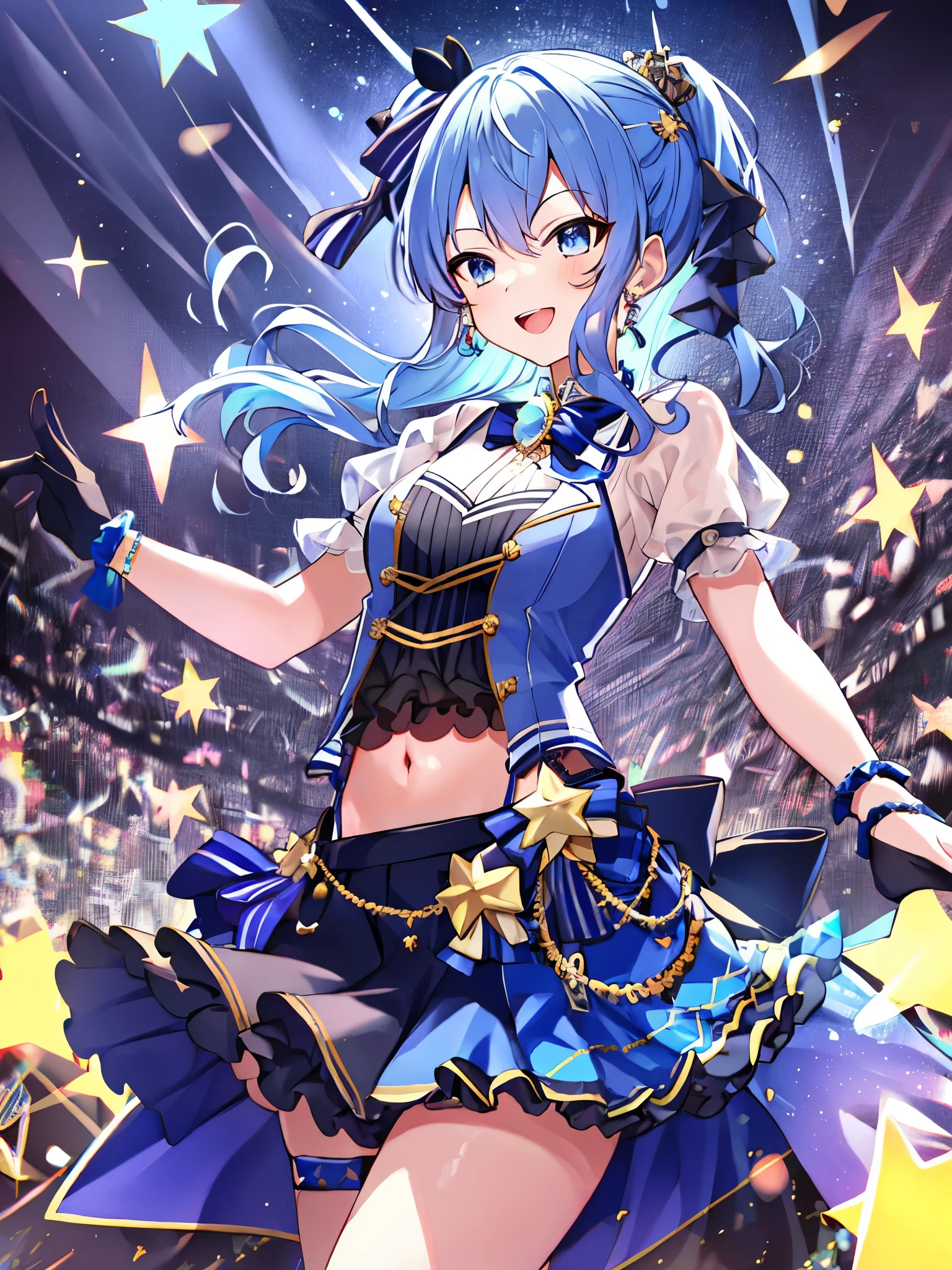 masterpiece, best quality, absurdres, 1girl, solo, Hoshimachi Suisei, light blue hair, blue eyes, happy, smile, parted lips, slender, sidelocks, sideponytail, toned, 
idol, idol clothes, ho****ve idol uniform, bowtie, blue skirt, brooch, dress, concert, on stage, frilled skirt, jewelry, layered dress, short sleeves, tiara, midriff, thighhighs,shout,(open_mouth:1.3),singing,(angry:0.6), (glare:0.6), idle_live,audience_landscape,light up_girl,solo,shiny_effects,smile。joy,happy,(slanted_eyes:1.3),navel,