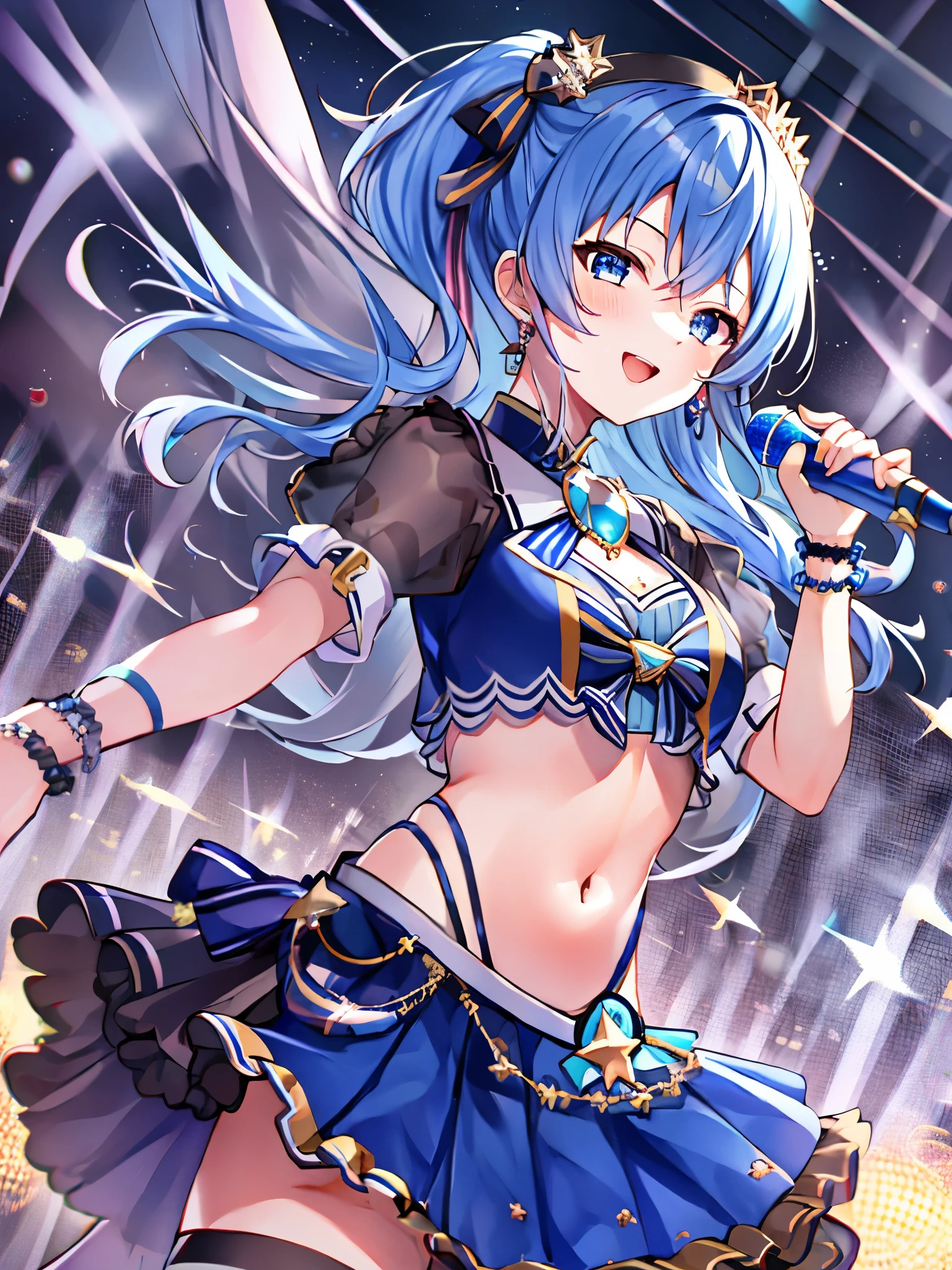 masterpiece, best quality, absurdres, 1girl, solo, Hoshimachi Suisei, light blue hair, blue eyes, happy, smile, parted lips, slender, sidelocks, sideponytail, toned,
idol, idol clothes, hololive idol uniform, bowtie, blue skirt, brooch, dress, concert, on stage, frilled skirt, jewelry, layered dress, short sleeves, tiara, midriff, thighhighs,shout,(open_mouth:1.3),singing,(angry:0.6), (glare:0.6), idle_live,audience_landscape,light up_girl,solo,shiny_effects,smile。joy,happy,(slanted_eyes:1.3),navel,