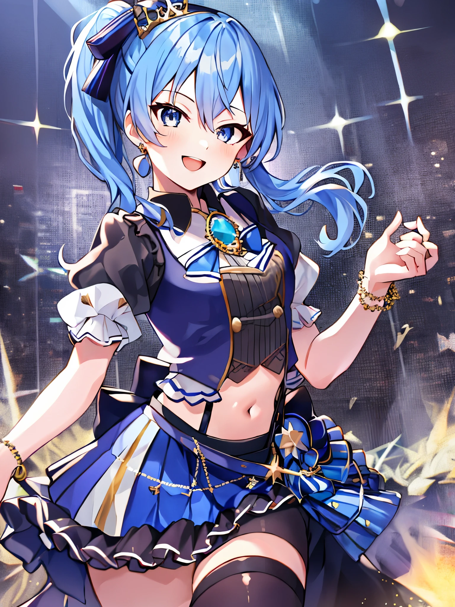 masterpiece, best quality, absurdres, 1girl, solo, Hoshimachi Suisei, light blue hair, blue eyes, happy, smile, parted lips, slender, sidelocks, sideponytail, toned, 
idol, idol clothes, ho****ve idol uniform, bowtie, blue skirt, brooch, dress, concert, on stage, frilled skirt, jewelry, layered dress, short sleeves, tiara, midriff, thighhighs,shout,(open_mouth:1.3),singing,(angry:0.6), (glare:0.6), idle_live,audience_landscape,light up_girl,solo,shiny_effects,smile。joy,happy,(slanted_eyes:1.3),navel,