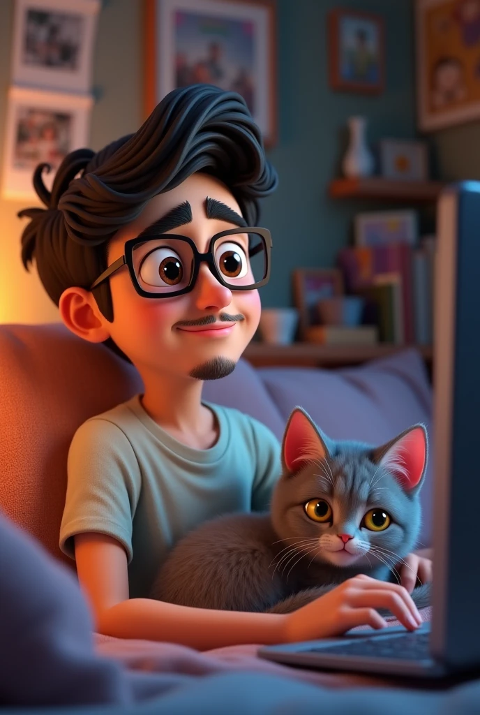 3d animation pixar style, 20 year old boy, fair skinned, wearing square glasses, with a goatee on his chin, thin mustache, lying in his room watching series on the computer, along with a gray kitten with yellow eyes