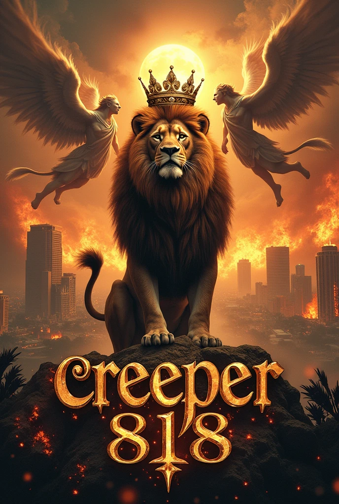 Luxury letters " CREEPER 818 " "A LION WITH A CROWN " Los Angeles City burning with" "ANGELS" AND "DEMONS" FIGHTING" in the background "