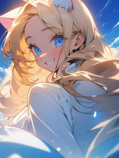 Close-up 1girl. Long blond hair. Cat ears. Blue eyes. Shining eyes. Detailed eyes. Smile. White classic dress. Sky. Bottom