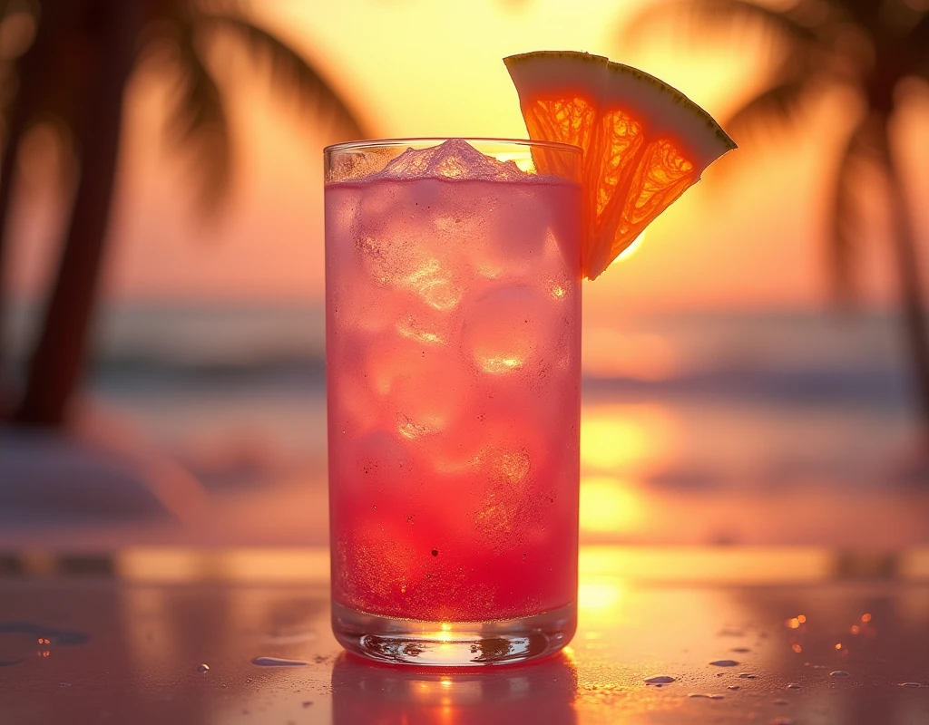 vibrant glowing lime green and pink  cocktail drink, in the style of a product hero shot in motion, dynamic magazine ad image, photorealism, sleep and mystical elements around the background,at the beach