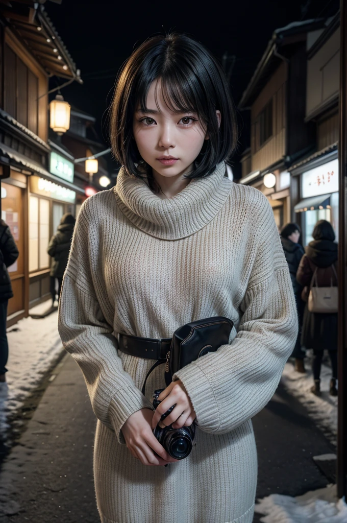 A beautiful Japanese woman with straight black short hair, dressed in street fashion with a knit dress, holding a camera, blinking her eyes. The scene is set in Kyoto at night during winter, with snow gently falling. The image should be photo-realistic, 8k quality, masterpiece-level, high resolution, and high quality, with meticulous details including film color grading and film grain. The photo should have a cinematic tone, with stunning features, natural makeup, perfect shading, and a detailed background.