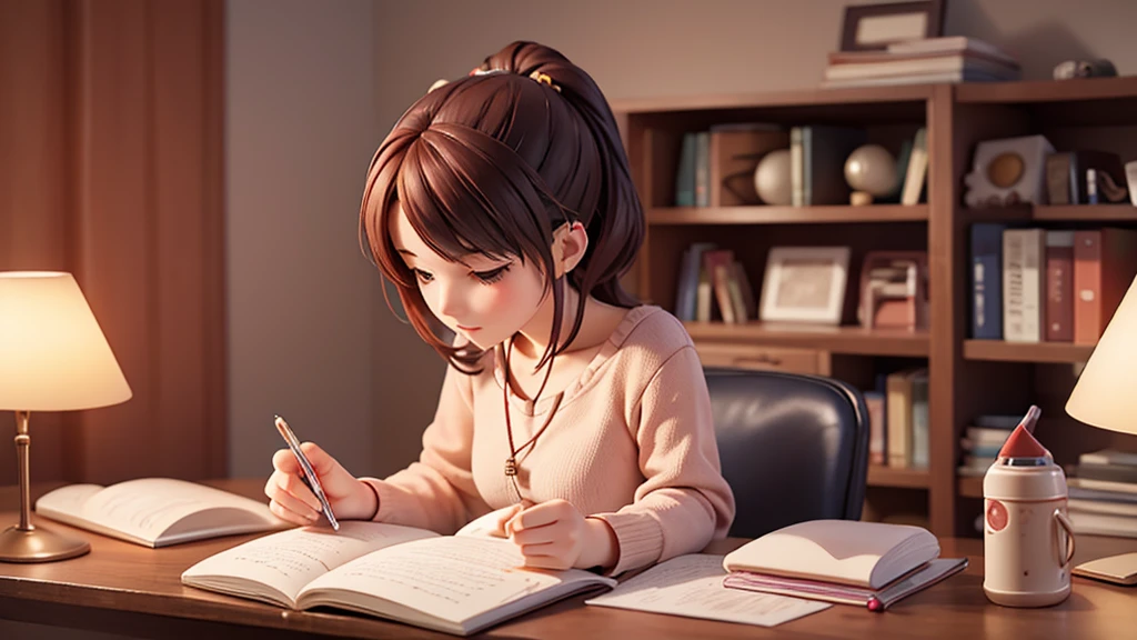 make a picture of a beautiful woman in her 20s, wearing an earphone, casual, studying in her room, taking notes on the table, lit by a study lamp