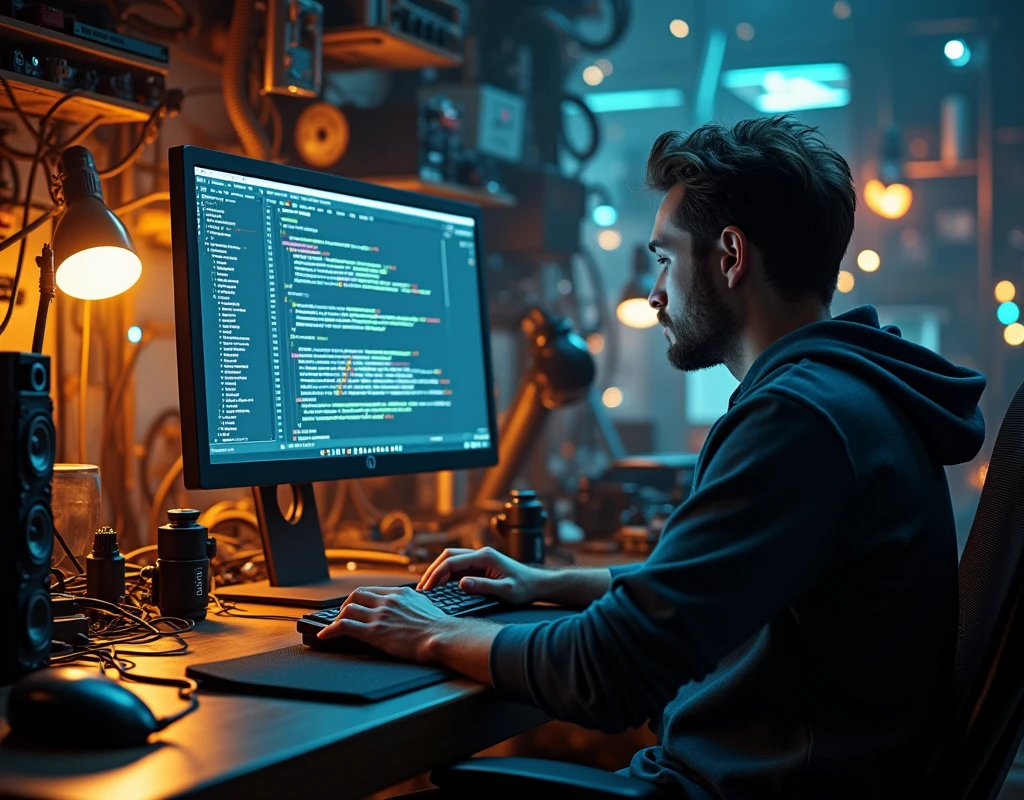 a web designer working on a computer from behind,detailed 3d render,intricate machinery and computer setup,focused on hands typing and screen,photorealistic,cinematic lighting,warm color tones,dramatic shadows,shallow depth of field,award winning photography