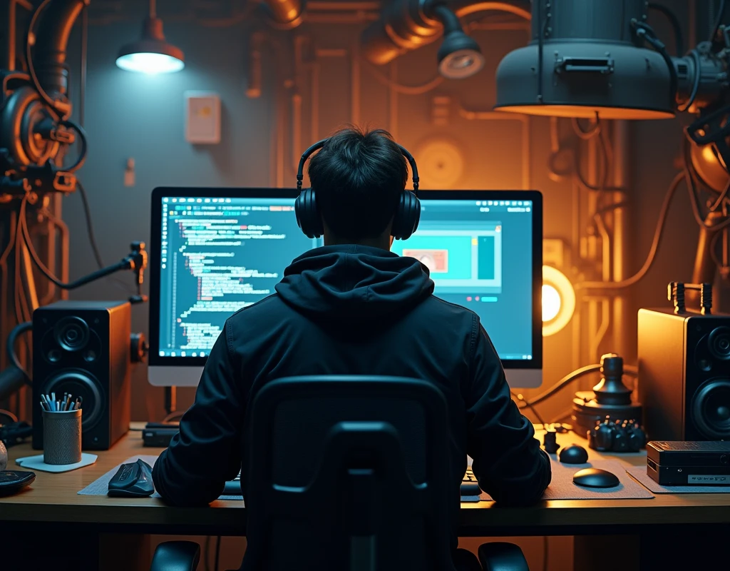a web designer working on a computer from behind,detailed 3d render,intricate machinery and computer setup,focused on hands typing and screen,photorealistic,cinematic lighting,warm color tones,dramatic shadows,shallow depth of field,award winning photography