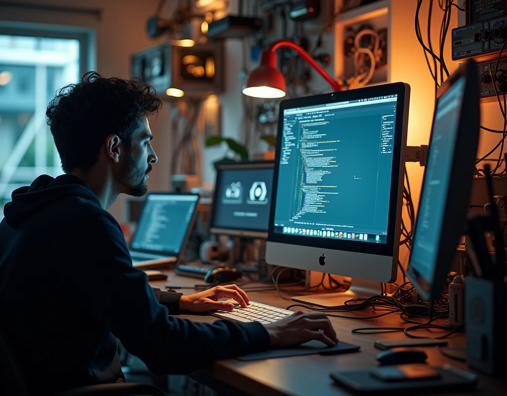 a web designer working on a computer from behind,detailed 3d render,intricate machinery and computer setup,focused on hands typing and screen,photorealistic,cinematic lighting,warm color tones,dramatic shadows,shallow depth of field,award winning photography