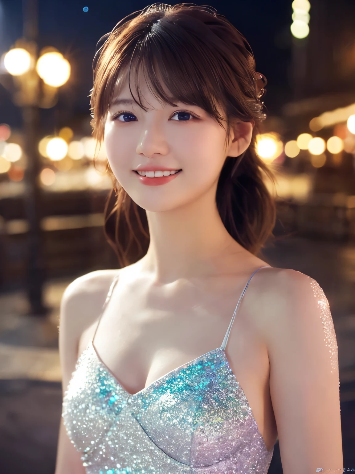 1 Girl, (Wearing a white glitter dress:1.2), (RAW Photos, Highest quality), (Realistic, Photorealistic:1.4), Tabletop, Very delicate and beautiful, Very detailed, 2k wallpaper, wonderful, finely, Very detailed CG Unity 8k 壁紙, Very detailedな, High resolution, Soft Light, Beautiful detailed girl, Very detailed目と顔, Beautiful and detailed nose, Finely beautiful eyes, Cinema Lighting, City lights at night, Perfect Anatomy, Slender body, smile