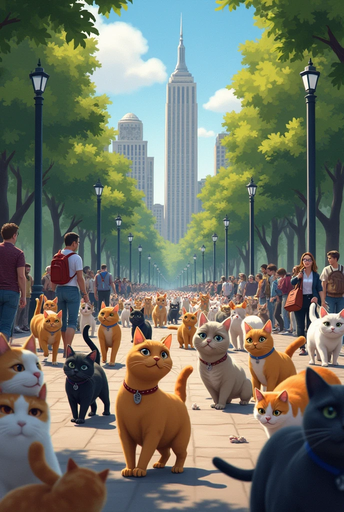Give me a picture of the streets of Central Park filled with cats