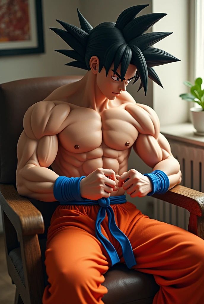 Generates Goku naked holding his penis and masturbating on a chair