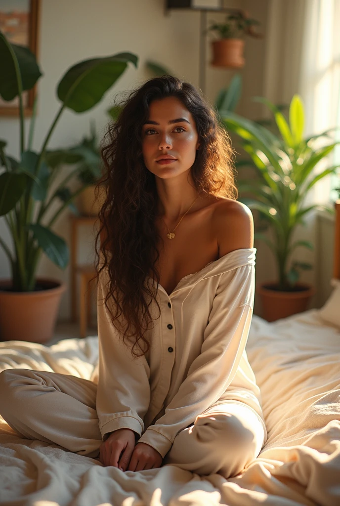 (photorealism:1.2), beautiful woman, sitting on bed, wearing loose off-shoulder top, pajama pants, long curly hair, indoors, soft lighting, plants in background, window with sunlight, cozy room, relaxed pose, realistic, intricate details, warm colors, by Greg Rutkowski, by Alphonse Mucha