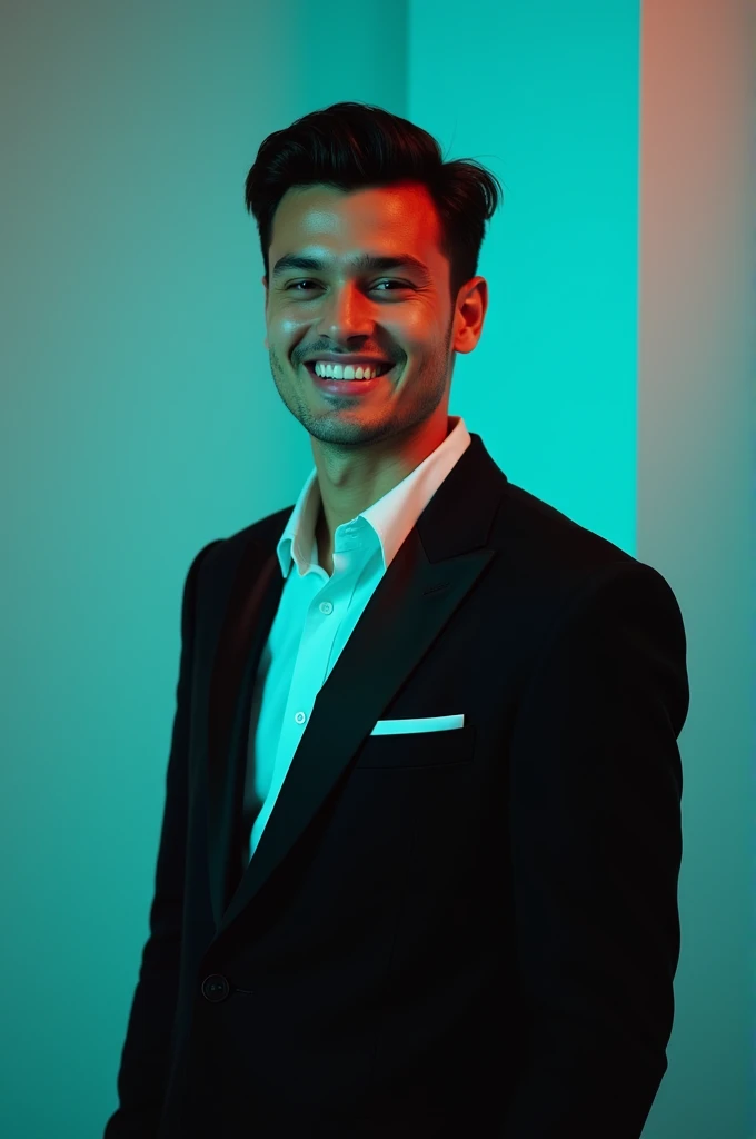 @๐ฅ_๐ ๐ข ๐ ๐ ๐_______๐ป๐ฌ:A young Man With Dark hair and a confident smile He is Dressed in a black blazer over a white shirt The man is positioned against aqua colour backdrop with a subtle red lighting on t