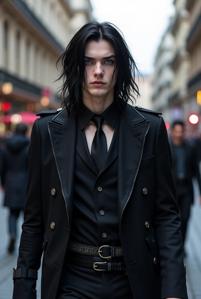 ((29 year old boy, LONG BLACK HAIR, blue colored eyes, similar to Andy Black from the band Black veil Brides)) ((PARADING IN MILAN)).
