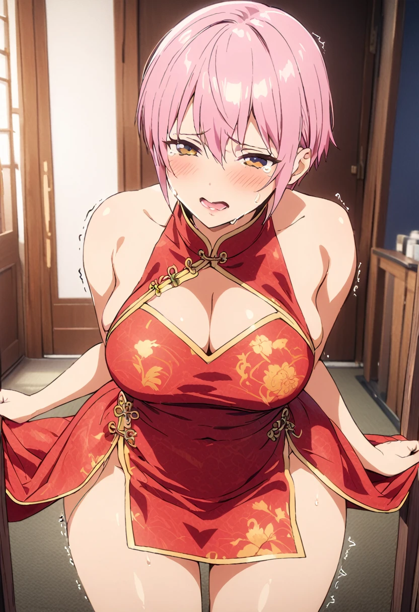 (Highest quality, 4K, 8k, High resolution, masterpiece:1.2), Very detailed, Picturesque, Animated Photography, Photo Animation:1.37)、Japanese girl、(Pink Hair)、(short hair)、standing、bare shoulders, china dress, chinese clothes, short dress, cleavage cutout, sideboob, thighs,、black choker、Ecstasy face、Sweat、Are crying、vapour、trembling、Full body photography、Nakano ichika
