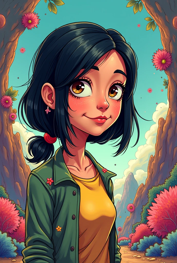 create a Rick and Morty animation type photo of a medium sized girl, caderona, with waist-length black hair, hazel eyes, medium skin, and rounded face.
