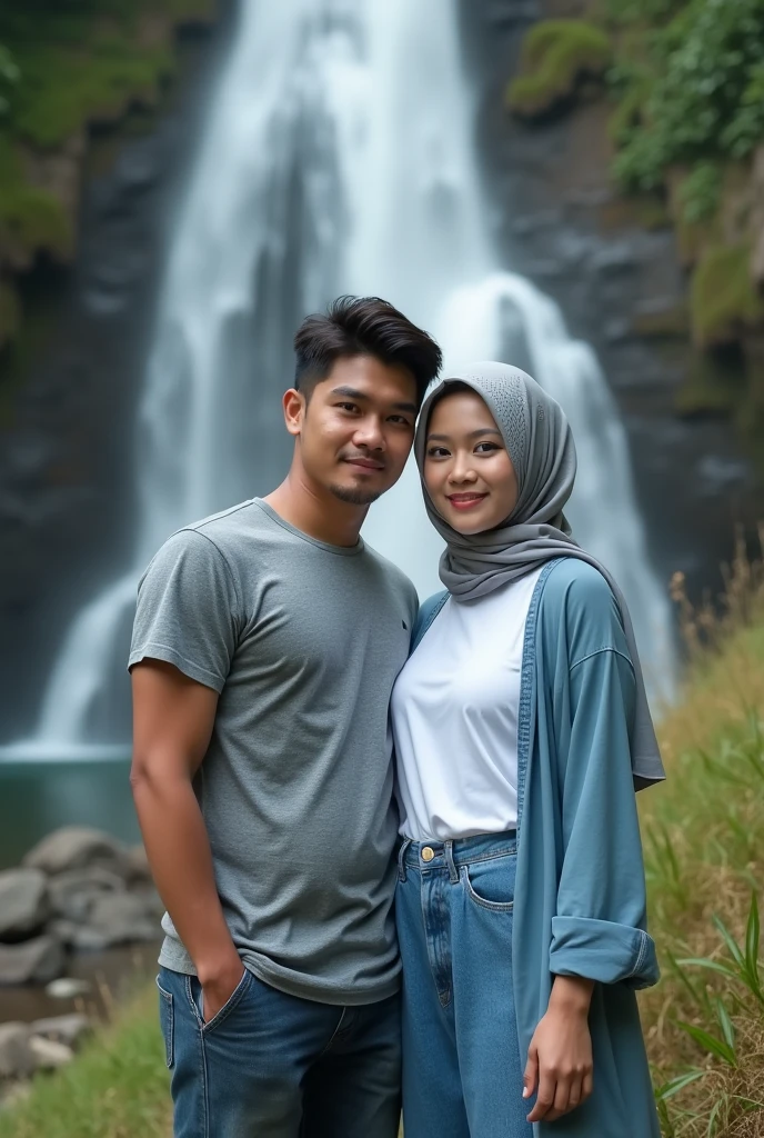 A handsome, dashing Indonesian man aged 30 years and a beautiful indonesian girl 26 year old. A both of them looking at the camera while smiling faintly. the man wore a gray t-shirt and jeans shorts. women wear white t-shirts soft blue jacket and long jeans, with long flowing hijabs with motif. with a backdrop of rocks, small grass, and beautiful waterfall splashes. realistic focus 5D 8K