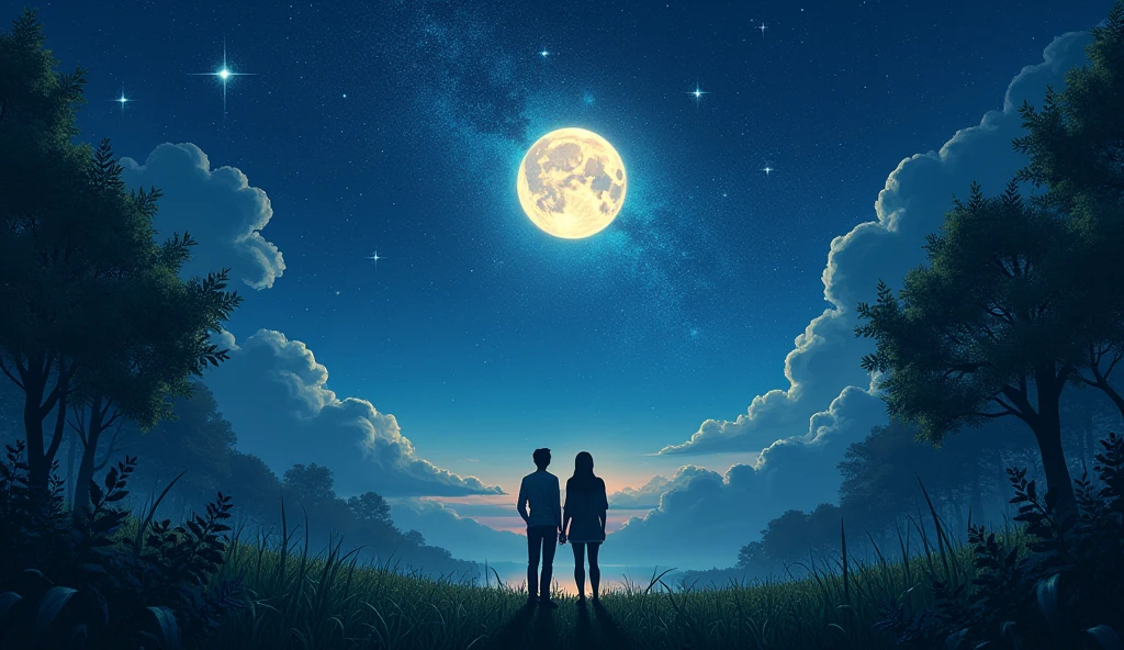 Give me a starry sky in the middle of nature and a beautiful moon with 2 people looking