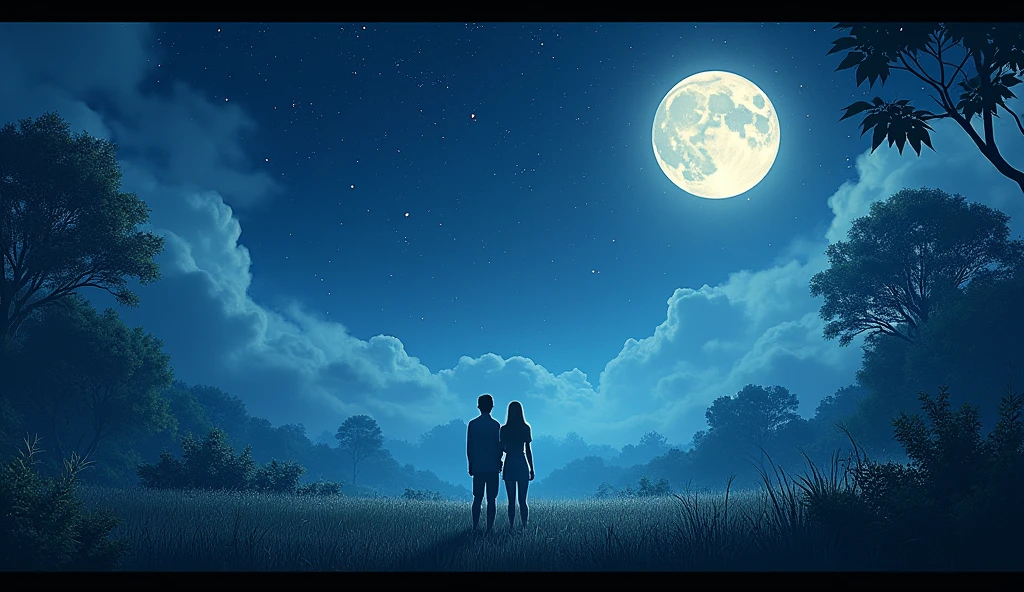 Give me a starry sky in the middle of nature and a beautiful moon with 2 people looking