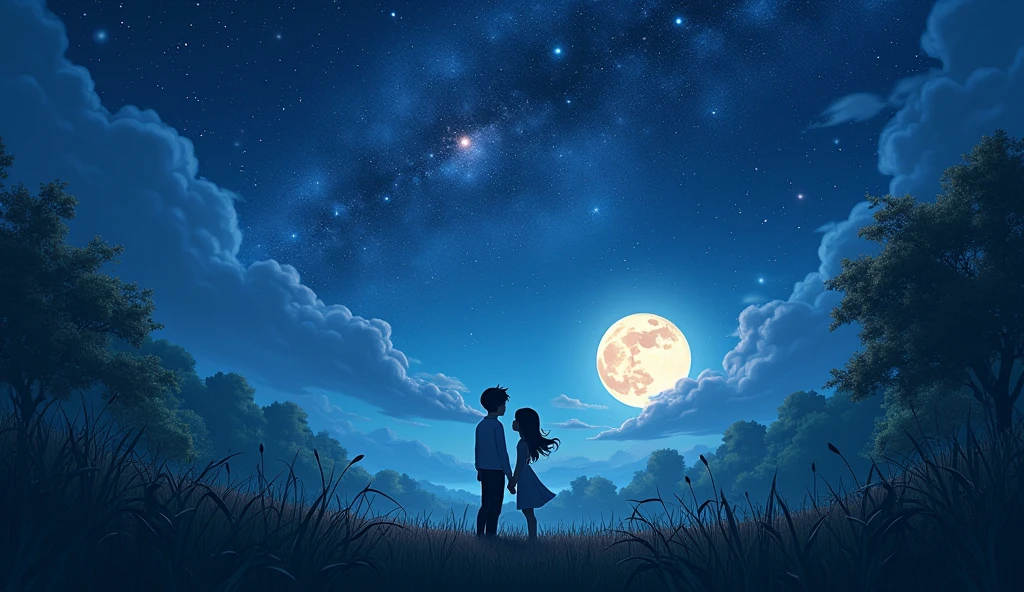 Give me a starry sky in the middle of nature and a beautiful moon with 2 people looking