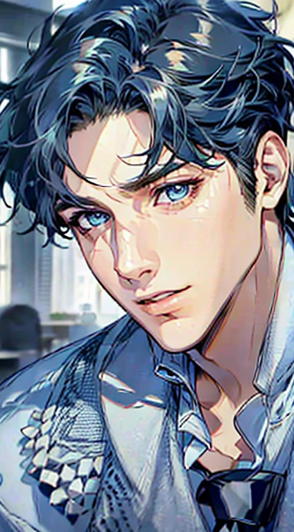 (Highest quality,4K,8K,High resolution,masterpiece:1.2),Super detailed,(Realistic,photoRealistic,photo-Realistic:1.37),1 personld,Mature Men,Beautiful skin、Profile、very handsome,Expressionless,smile,Short blue hair,blue eyes,Sharp Eyes,A perfect face without a doubt,Businessman,Office Background,Cinema Lighting,HDR image,tie、