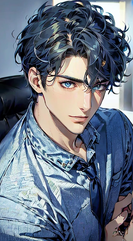 (Highest quality,4K,8K,High resolution,masterpiece:1.2),Super detailed,(Realistic,photoRealistic,photo-Realistic:1.37),1 personld,Mature Men,Beautiful skin、Profile、very handsome,Expressionless,smile,Short blue hair,blue eyes,Sharp Eyes,A perfect face without a doubt,Businessman,Office Background,Cinema Lighting,HDR image,tie、
