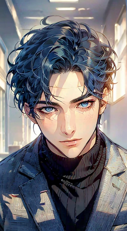 (Highest quality,4K,8K,High resolution,masterpiece:1.2),Super detailed,(Realistic,photoRealistic,photo-Realistic:1.37),1 personld,Mature Men,Beautiful skin、Profile、very handsome,Expressionless,smile,Short blue hair,blue eyes,Sharp Eyes,A perfect face without a doubt,Businessman,Office Background,Cinema Lighting,HDR image,tie、