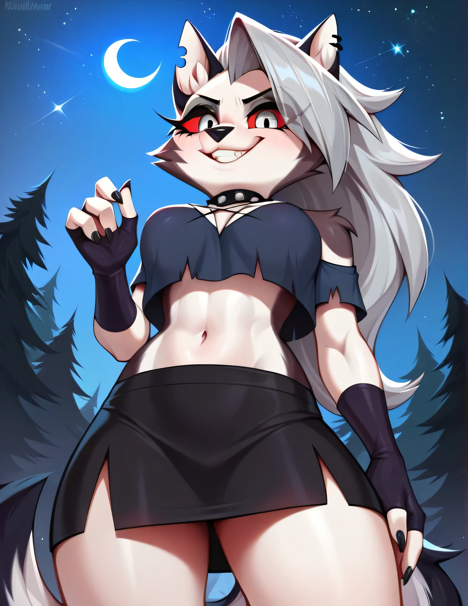 score_9_up, score_8_up, score_7_up, score_6_up, loona(jizokumode), hellhound, red sclera, loona (helluva boss), fingerless gloves, excited, blep, forest, night, stars, crescent moon, solo, forced smile, 4 fingers, inverted pentagram, low camera angle (looking up skirt,1.8)