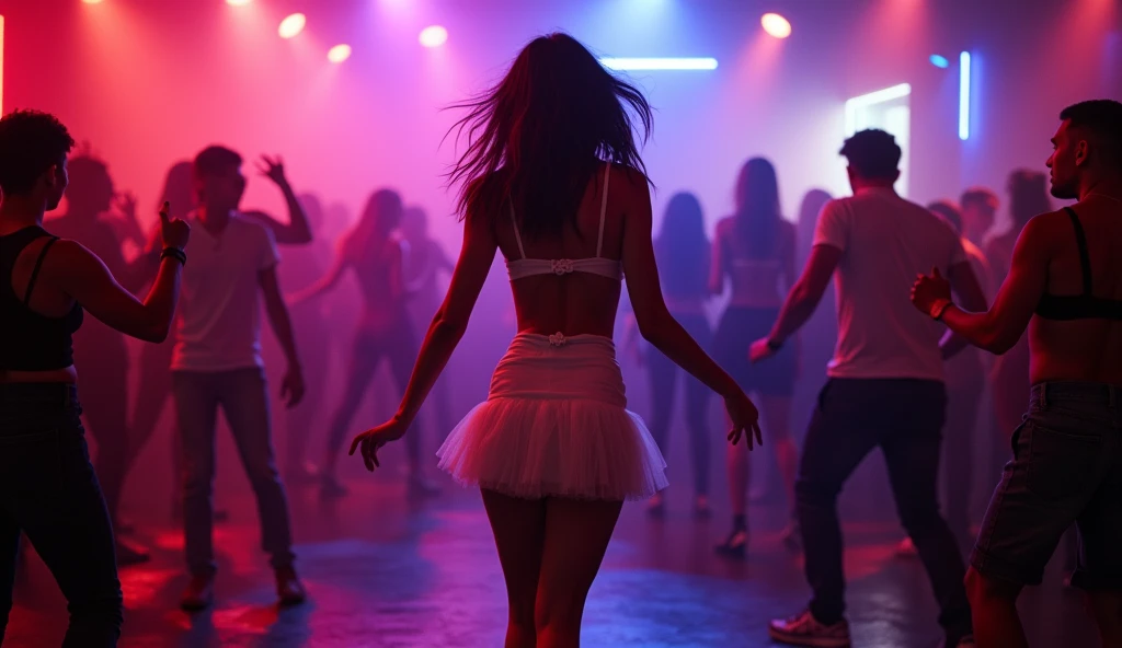 Real photo, best camera, nightclub atmosphere, One beautiful and sexy girl dancing reggaeton full body miniskirt white
