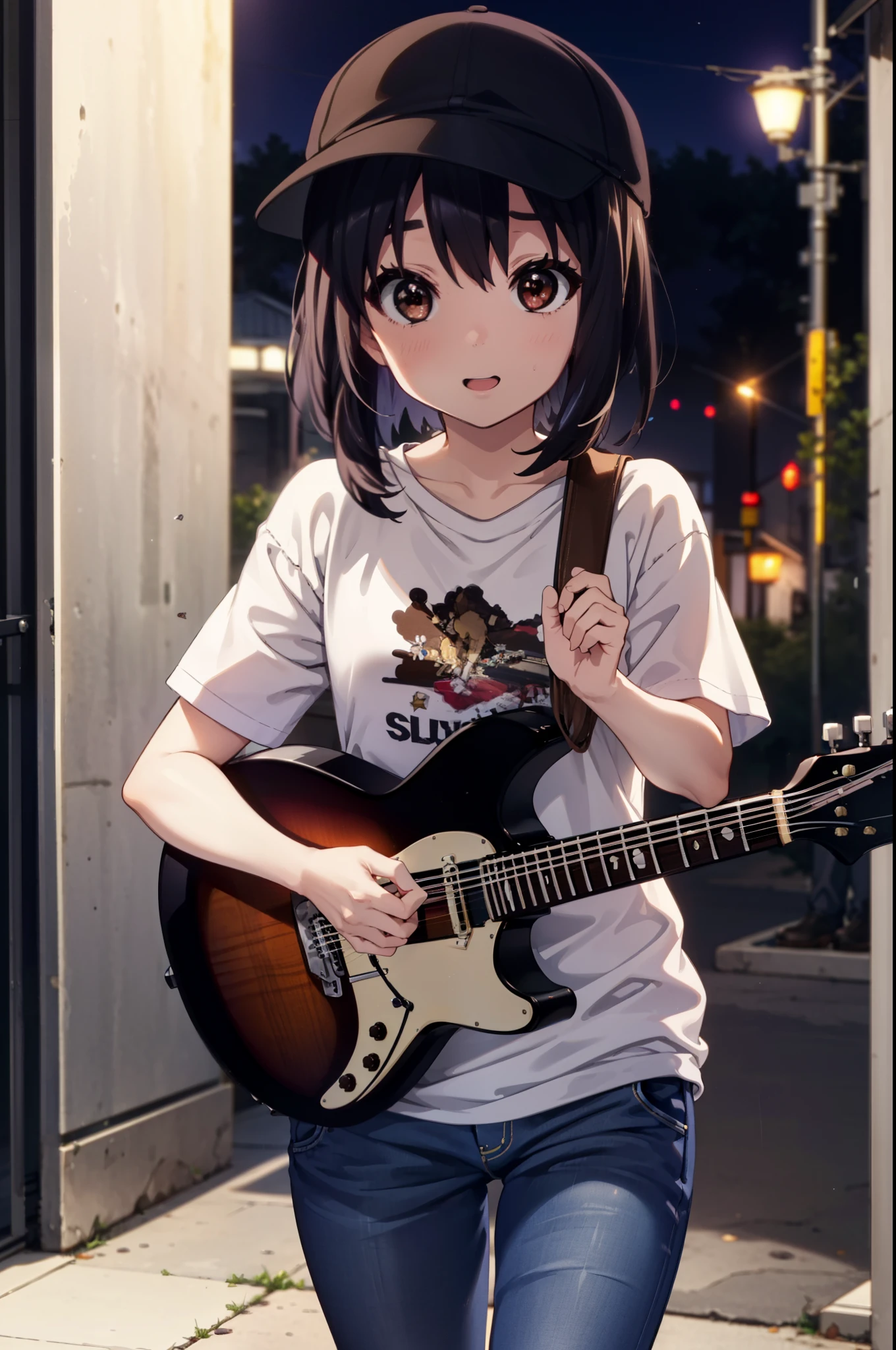 meet, Azusa Nakano, Black Hair, (Brown eyes:1.5),Long Hair,Baseball hats,Oversized T-shirt,Short sleeve,jeans,short boots,Instrument playing, Stage Performance, hot air,Happy atmosphere,スタンドマイクの前でguitarをを弾きながら熱唱,guitar(Red Mustang),On the forehead,Singing with your mouth open,smile,Street Performance,night,moonlight,whole bodyがイラストに入るように,
break outdoors, Building district,
break looking at viewer, whole body,
break (masterpiece:1.2), Highest quality, High resolution, unity 8k wallpaper, (figure:0.8), (Beautiful attention to detail:1.6), Highly detailed face, Perfect lighting, Highly detailed CG, (Perfect hands, Perfect Anatomy),