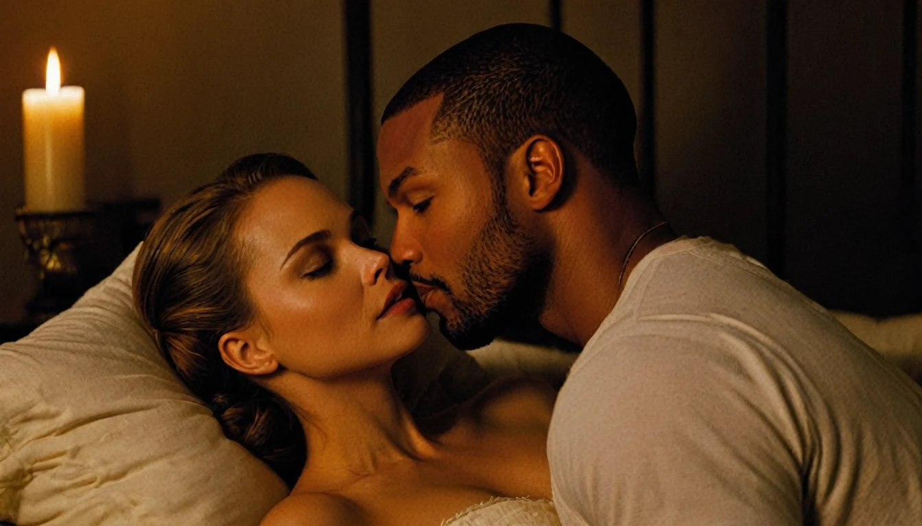 Natalie Portman and a handsome African American male whose facial features are a combo of Charles Michael Davis + Isaiah Mustafa + Nathan Mitchell share a steamy kiss inside a bedroom lit only by candlelight. Natalie has lovely makeup on her face. Nighttime. Romantic ambiance. Symmetrical eyes. Symmetrical faces. Lovely details. Photorealistic. Full-colored photo. Professional photo. Highly detailed 8K.
