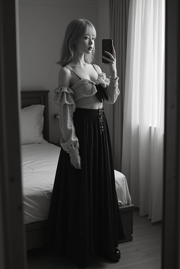 beautiful sexy Japanese young woman, ig model, high detail, (Happy:1.2),(below angle,, gravure pose, all body shot, full body in frame:1.3), BREAK (very slim waist:1.2), (perfect balanced large breasts, cleavage, large buttocks, beautiful long legs:1.2), (A glamorous body with clothes:1.4), exuding a sculptural beauty, (Realistic Soft skin texture, oily skin, White and beautiful Silky skin:1.4), hyper small head, (Detailed face and eyes), cute and Pretty slim face, half open Duck mouth, perfect beautiful Tooth, arranged gray hair, takes a selfie in her room using a smartphone in front of a mirror with one hand, standing, looking away from the camera, /// gray arranged hair, light color eyes, Realistic skin, Detailed face, /// sexy Pierrot Costume, Opt for a fitted corset bodice with black and white diamond patterns, accentuating the waist, Layer with a ruffled, off-the-shoulder blouse in contrasting black and white hues, adorned with oversized bows for a whimsical touch, Pair with high-waisted black maxi skirt, featuring exaggerated ruffles or pleats for added volume and drama, Accessorize with black and white striped stockings or tights, and patent leather ankle boots with oversized buckles for a modern twist on classic clown footwear, arranged gray hair, /// Monotone simple modern taste single room, mirror, complicated background