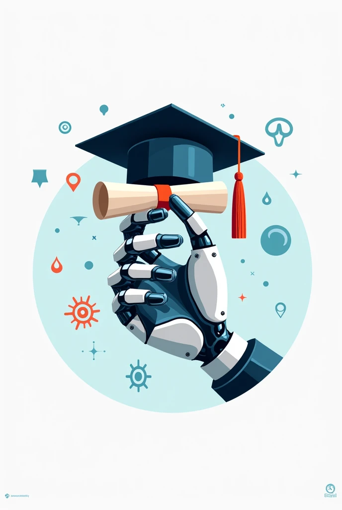 logo that has the 5 engineering concepts.0, and university graduates. logo that is professional. not so minimalist logo, Let it be a robotic hand and on it something representing the graduates.
