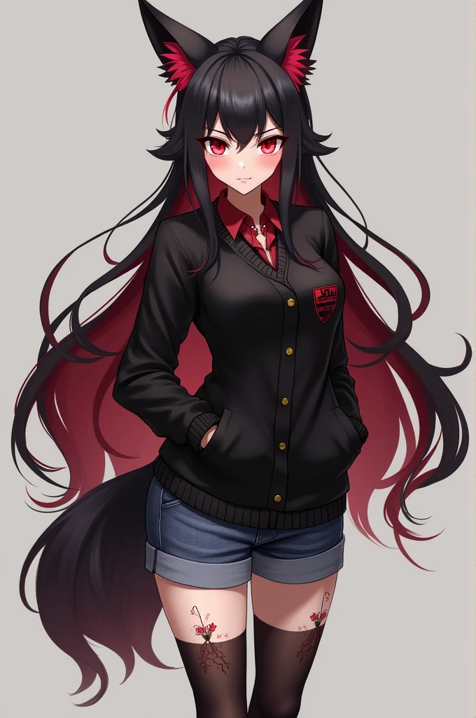 (Female) Furry Fox (animal similar to human)(Red eye) (long black red hair)(black and red sweater set,jeans shorts, black stockings with red floral pattern)