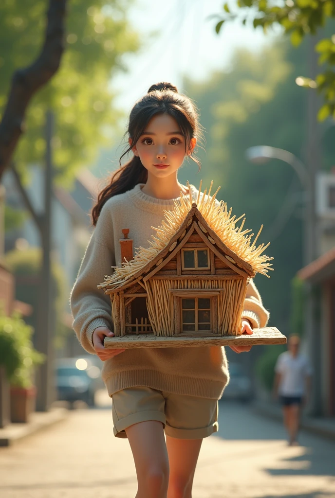 A female high school ager wearing a jumper and her hair in a ponytail walking on the avenue with a house made of toothpicks in her hands