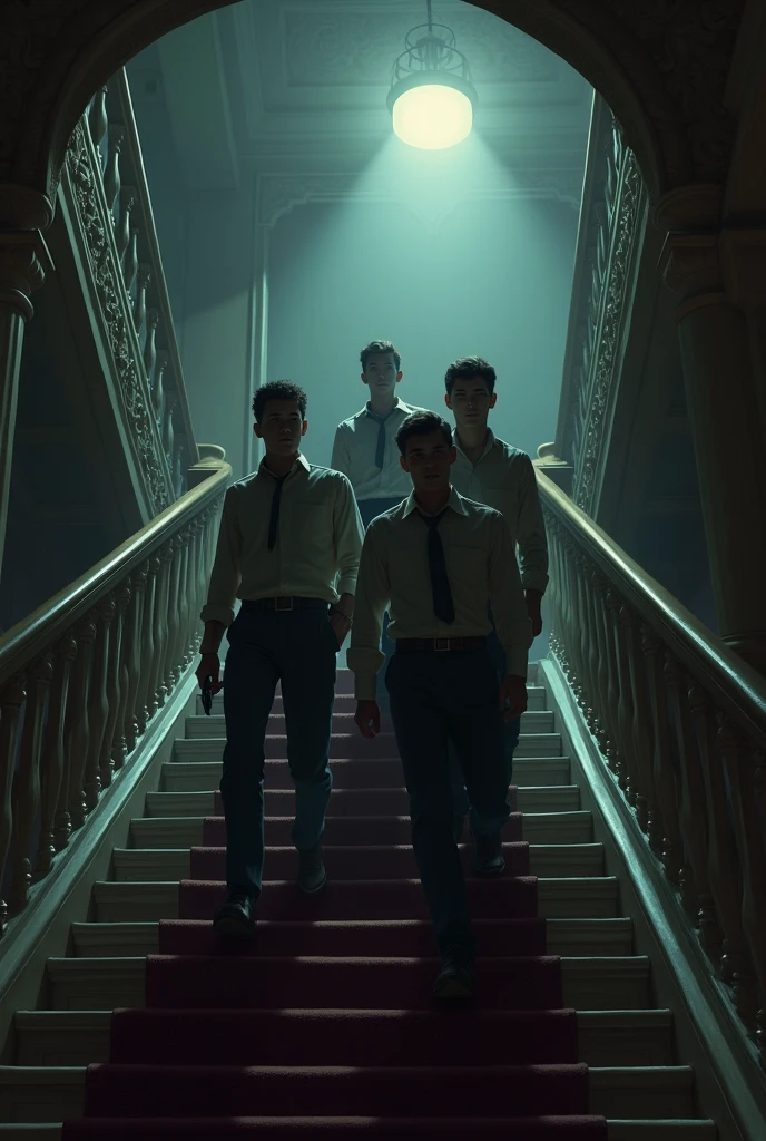 The group of four young men cautiously climbing the grand staircase, following the faint shadow, with fear and determination evident on their faces.