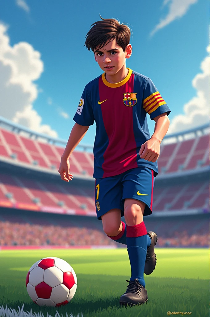 "Illustrate Messi as a teenager at Barcelona's La Masia academy, wearing the Barcelona youth jersey. Capture the determination in his eyes as he trains on the pitch, with the iconic Camp Nou stadium in the distance