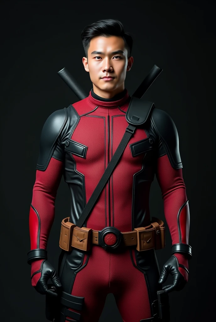Realistic photo, an adult male with an Indonesian face, 30 years old, clean face, handsome, neat short undercut black hair,wearing a Deadpool superhero costume without a mask,Standing pose facing forward and
Wall dark background, professional photography, Hyperrealistic,Best quality, very detailed