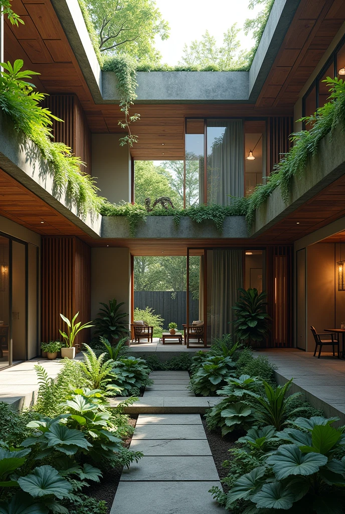creates a mezzanine in a courtyard that is in the center of two floors