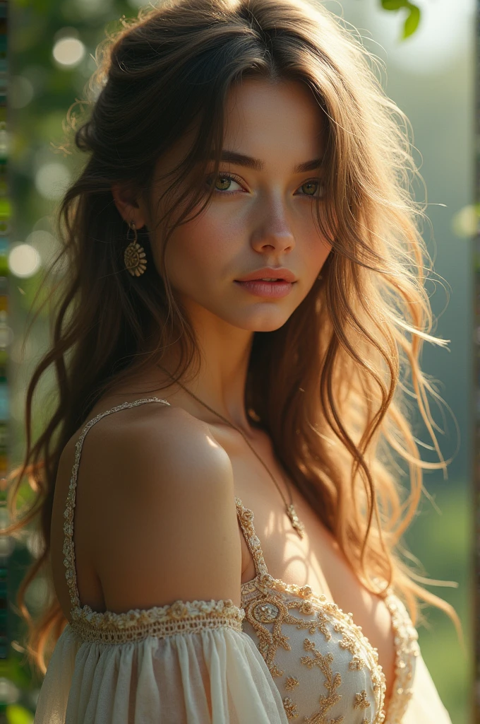 Beautiful girl with wavy long hair, bohemian dress,
