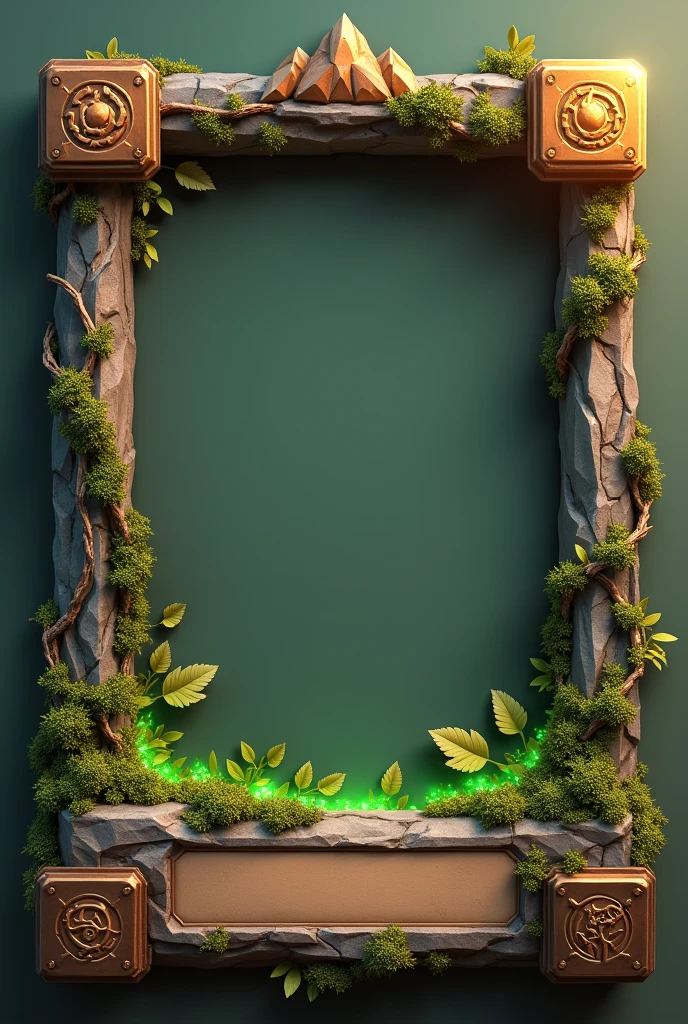 Create a 3D stylized card frame for an earth-themed character with a sturdy, rugged structure that complements the character's nature-inspired design. The frame should be solid and grounded, using earthy browns, mossy greens, and rich gold shades with glowing rock and vine effects around the edges. Incorporate mountain motifs at the top, metallic bronze corners with a rough-hewn texture, and vine-like patterns on the sides that resemble creeping plants. The bottom section should feature a stone texture with cracks filled with glowing moss and engraved earth symbols. Add a nameplate at the bottom, designed to look like an ancient stone tablet, with the text in a rugged, earthy font that fits the natural theme. Ensure the frame has transparent sections to blend with the background and fits the character perfectly without obstructing key details, leaving space for text or stats at the bottom.