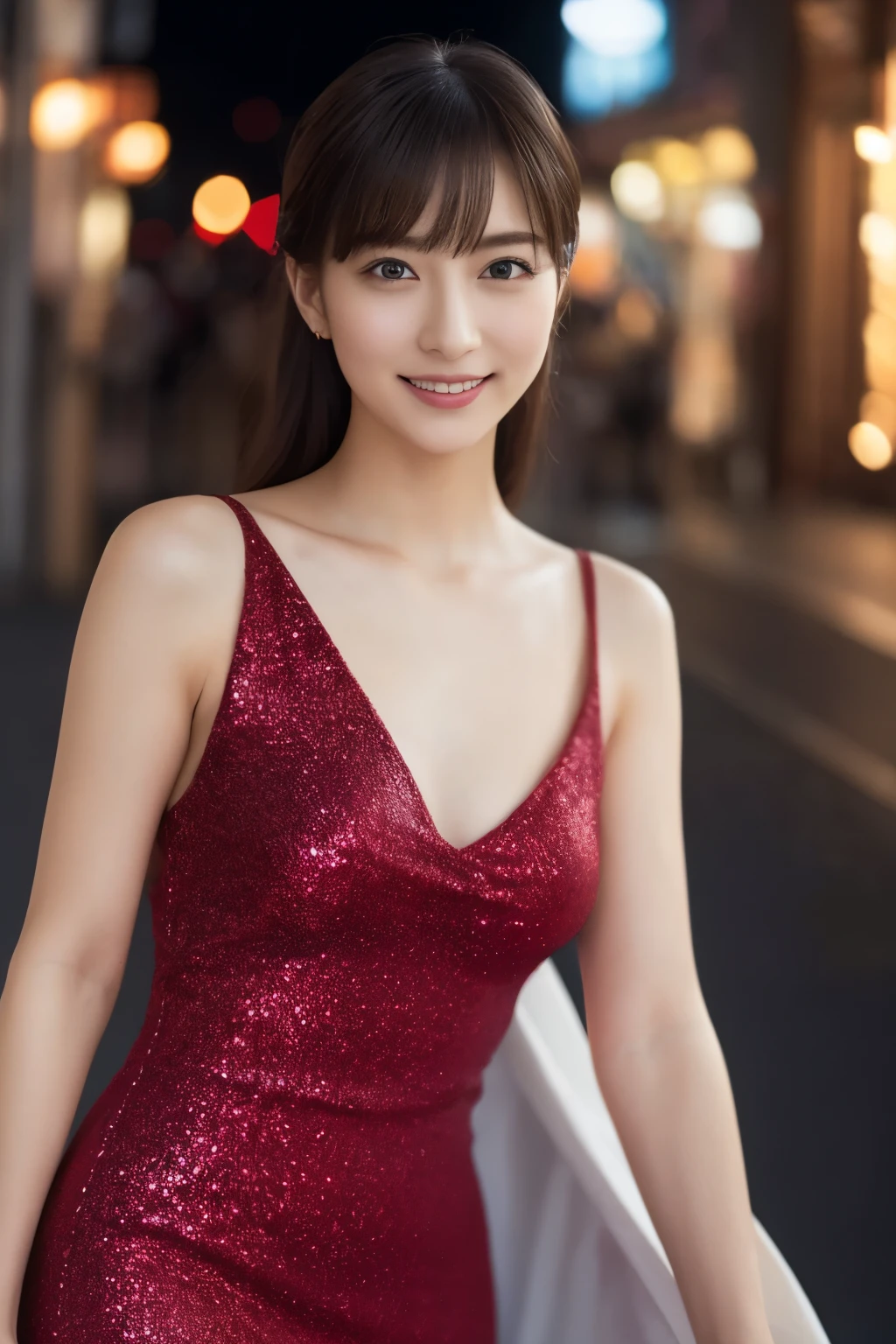 One Girl, (Wearing a red glitter dress:1.2), (RAW Photos, highest quality), (Realistic, Photorealistic:1.4), Tabletop, Very delicate and beautiful, Very detailed, 2k wallpaper, wonderful, In detail, Very detailed CG Unity 8k wallpaper, Very detailedな, High resolution, Soft Light, Beautiful detailed girl, Very detailedな目と顔, Beautifully detailed nose, Beautiful fine details, Cinema Lighting, City lights at night, Amazing illumination, Perfect Anatomy, Slender body, small, smile
