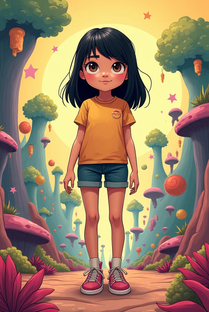 create a Rick and Morty animation type photo of a medium sized girl, caderona, with waist-length black hair, hazel eyes, medium skin, and rounded face. She is chubby but not much.
