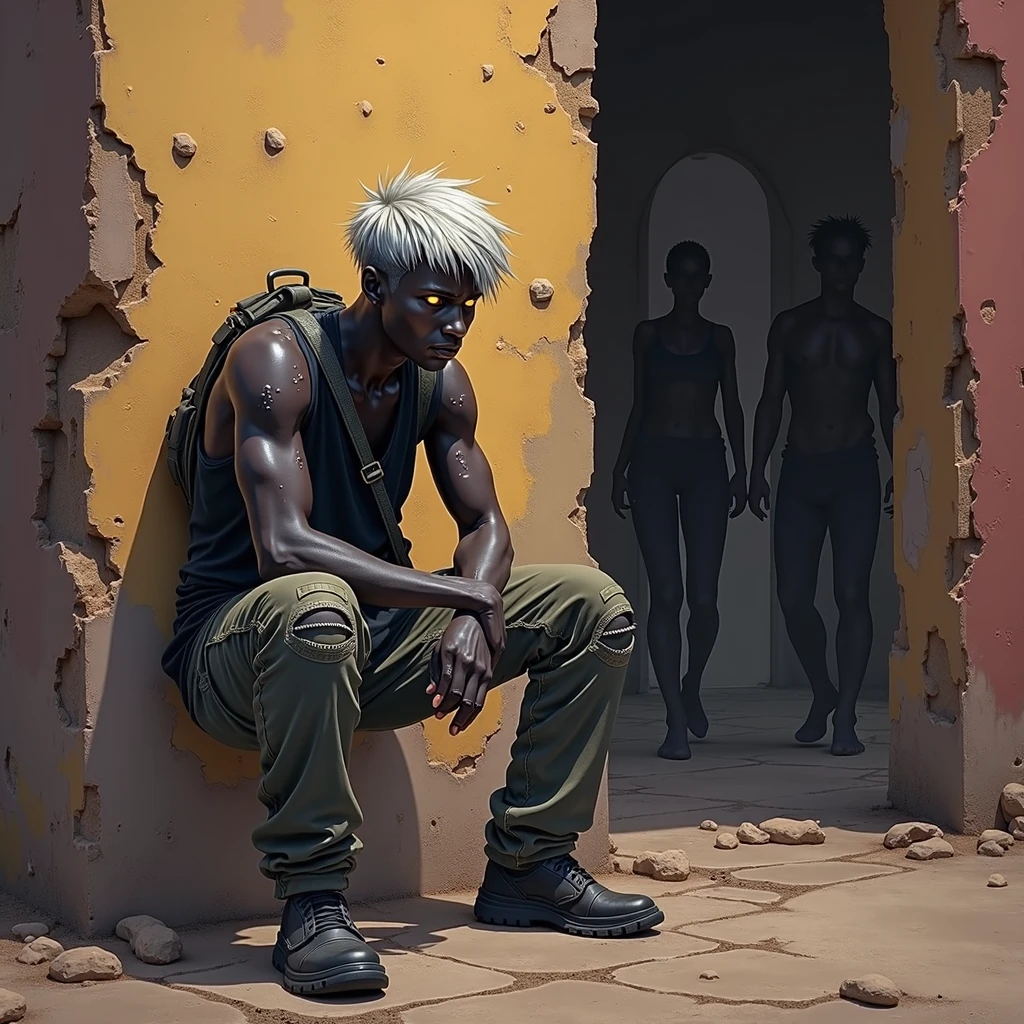 post-apocalyptic young adult human with dark pitch-black skin and short length silver hair wearing a dirty loose fitting black tank top and tan torn cargo pants. He is thin but not sickly. He has small grey scars across his arms and one on his face. His eyes are golden and dimly glowing as he stands with his back pressed against a decrepit wall of a house, hiding from two shadowed silhouettes on the other side who are conversing with one another