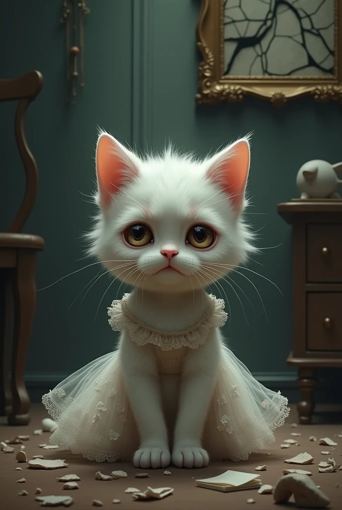 the white small cat in dress is weeping and crying tears is coming in eyes to see the broken painting