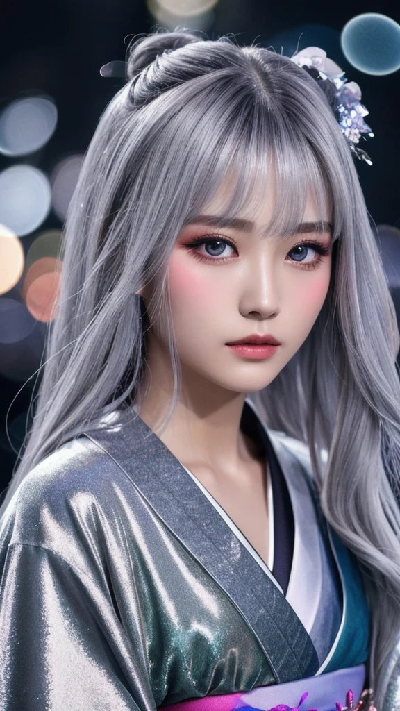 woman、Beauty、Gorgeous kimono、front、Upper Body、Make eye contact、Silver Hair、mysterious、Very long hair、Glossy face、Transparency、Half face、Gray Eyes、Solemn, Take a closer look, The background is night、Background glitter、Crystal Jade